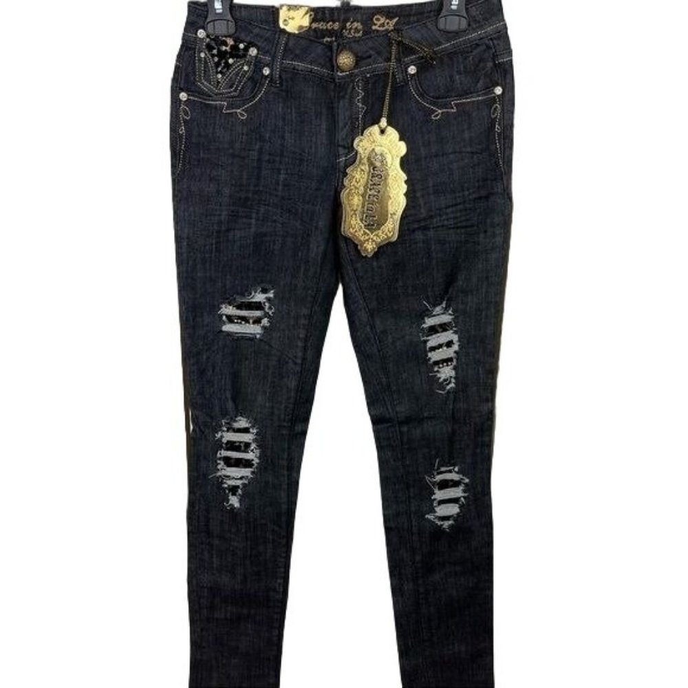 Grace in LA Black Stonewash Denim Distressed Patchwork Skinny Jeans Size 5